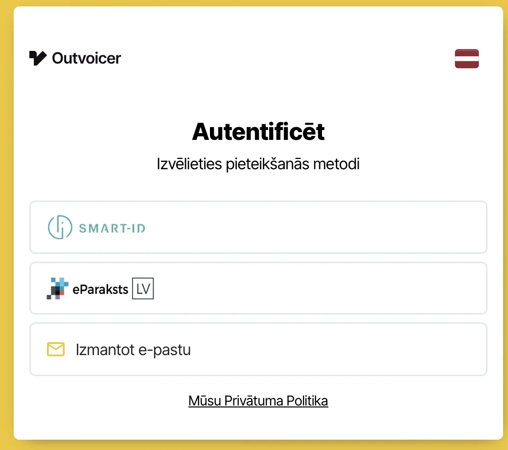 logging in to Outvoicer with Smart-ID, eParaksts LV or email