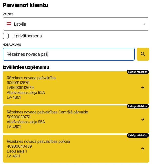 choosing a client for an e-invoice in Outvoicer