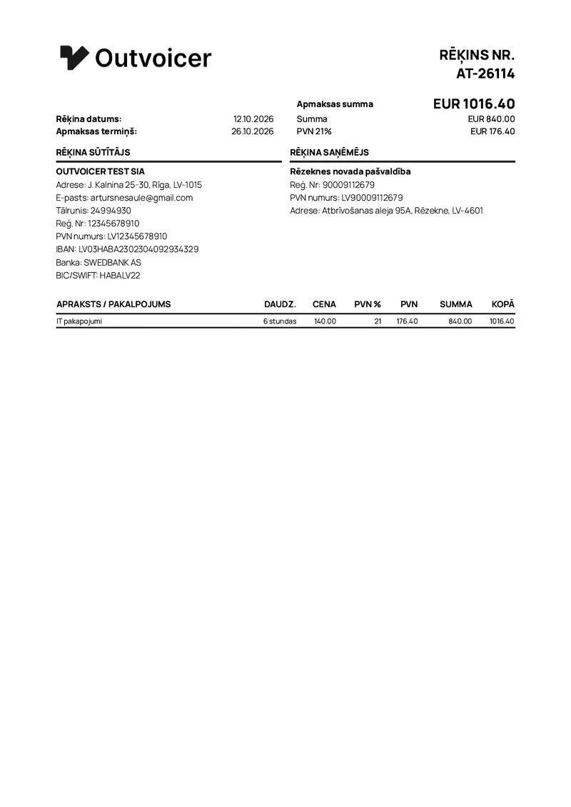 e-invoice preview in Outvoicer — invoice with summary at the top