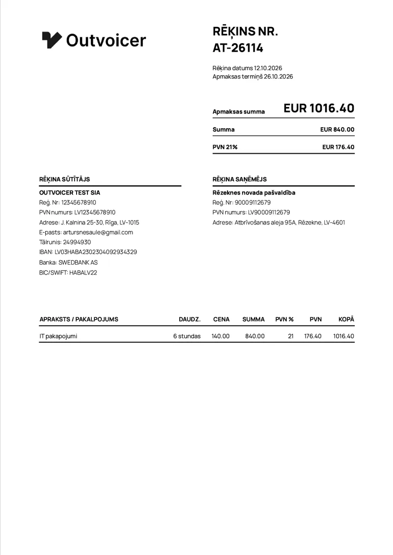 e-invoice preview in Outvoicer — invoice with full recipient details